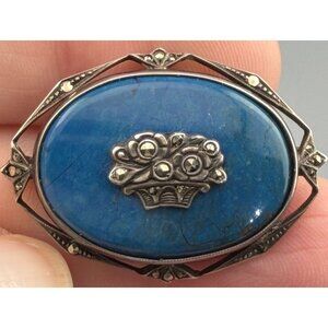 Art Deco Brooch German Sterling Silver Marcasite Blue Cabochon Flower Basket